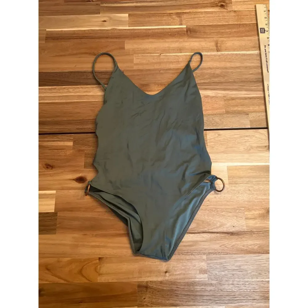 Women's Sage Green One Piece Swimsuit Ring Cutout Detail V Neck Spaghetti Straps